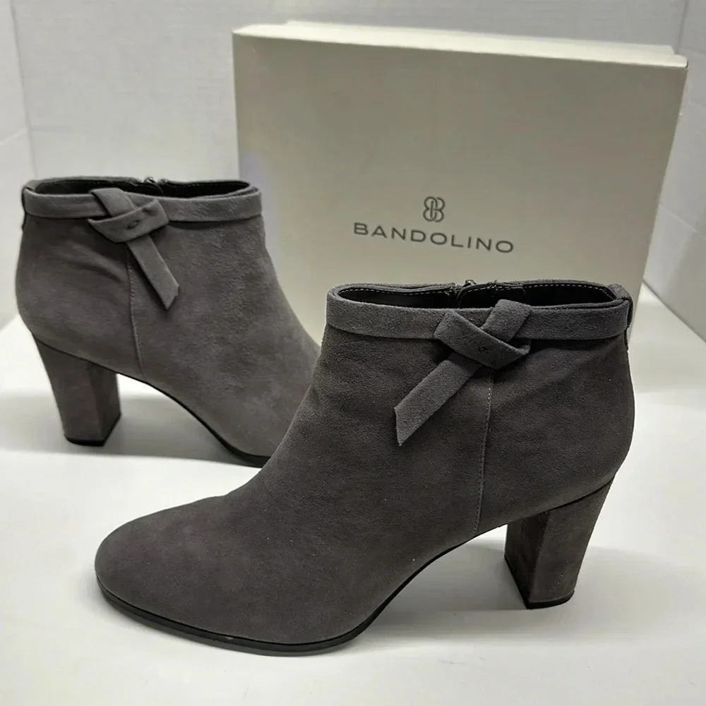 Bandolino Boots Ankle Booties Block Heels Suede Bow Side Zip Up Gray Women's 10